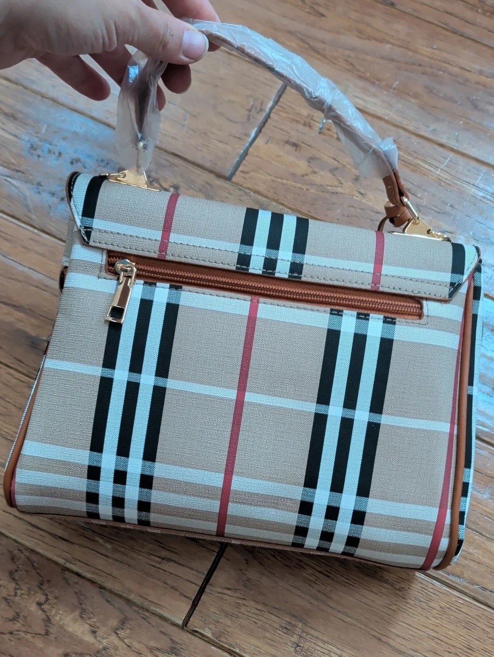 Loulo Women’s Tan Plaid Top-Handle Fashion Bag with Gold Hardware